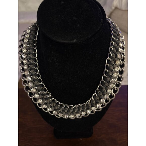 Chunky Silver Chain Necklace With Rhinestone & Black Suede Detailing - Picture 4 of 8